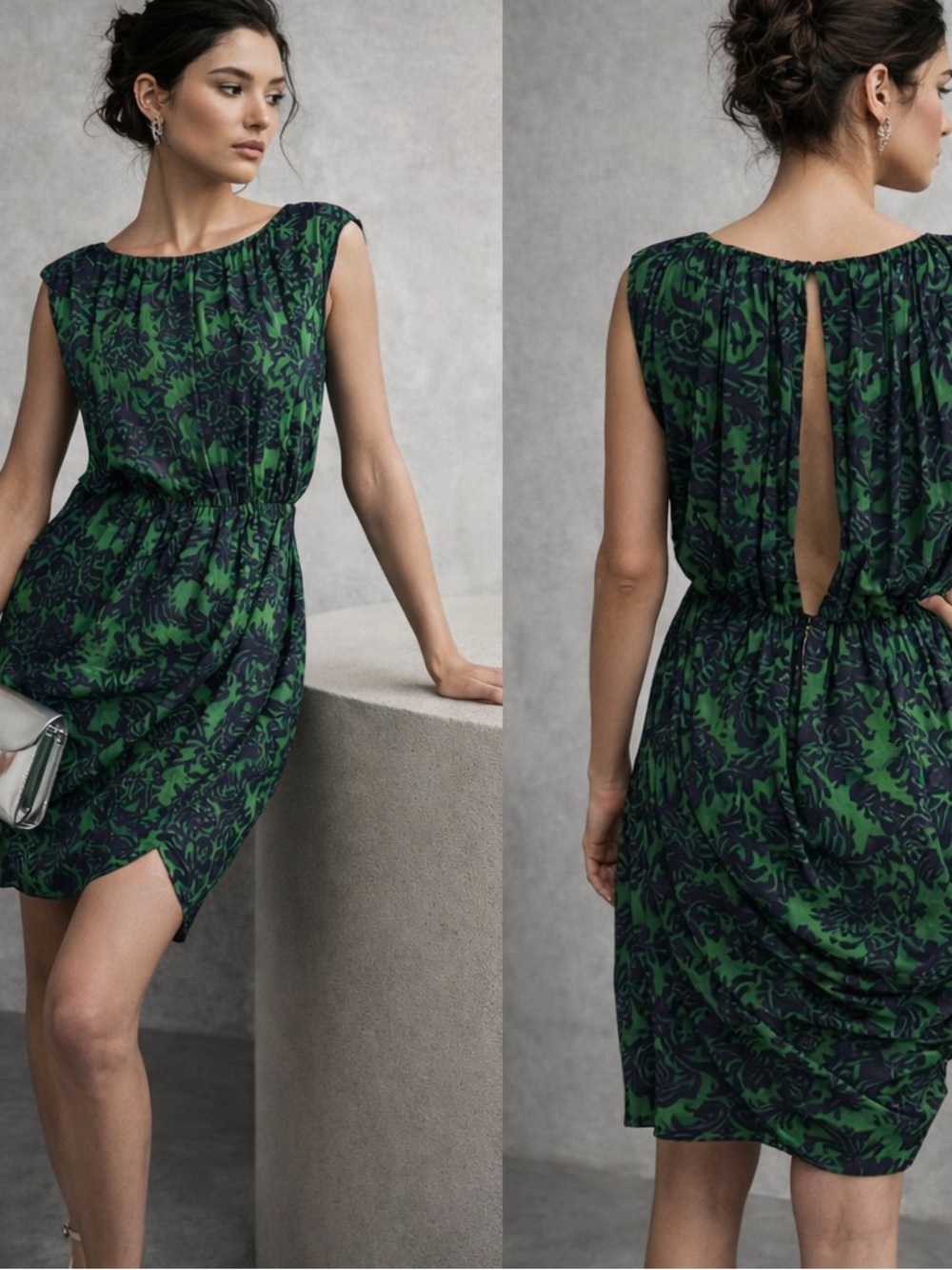 Alice + Olivia Beckett Silk Dress Open Back Green Blue Baroque Draped Sz 4
